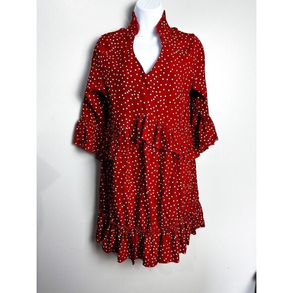 Boho Flowy Ruffle Polka Dot Mini Dress Red White Womens Small - Picture 1 of 8